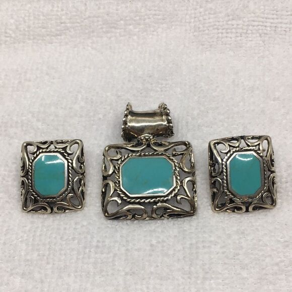 Sterling Silver 925 Mexico Chunky Faux Turquoise Dyed Howlite Pendant & Earrings - Picture 1 of 16
